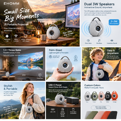 2026 J5 Portable Mini Projector | Android 14, Native 720P, Optional Battery Stand